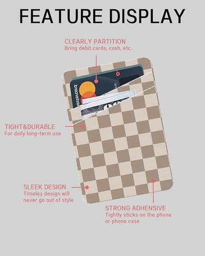 Cute Leather Phone Wallet Stick On, Dual Pocket Credit Card Sticky Wallet, Compatible with Most Cell Phones, Checkered Design - color: Cute Checkerboard