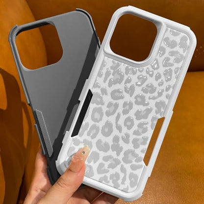 Cute White Leopard Light Gray Cheetah Case for iPhone 16 Pro Max | Heavy Duty Tough Rugged Full body Protection Shockproof Protective Phone Case for Women Girls - color: iPhone 16 Pro Max
