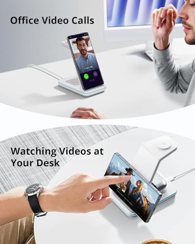 JoyGeek 3 in 1 Wireless Charging Station for Samsung&Android, Charger Stand for S26/S25/S24/S23/S22/S21/S20/Note20/Z Fold&Flip Series, Galaxy Watch8/7/6/5/4/3/Active2/1, Not for Watch9 / Ultra2 - color: White