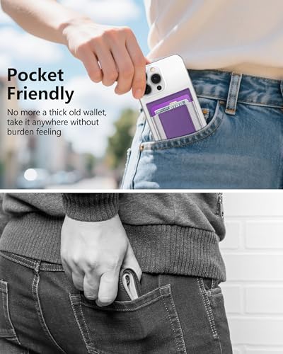 Phone Wallet Stick On with Stand, Adhesive Phone Card Holder, 8-Card Holder - color: Purple
