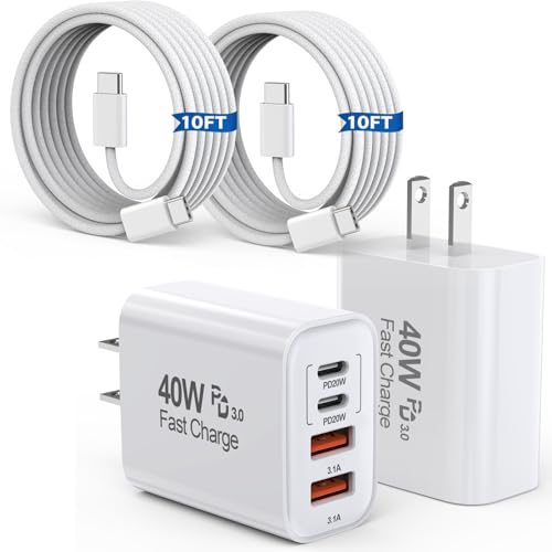 10FT iPhone 17 16 15 Pro Charger,2Pack 10Foot USB C to C Woven Cable Cord 40W USB C Apple Charger 4 Port PD&AC Charge Block Fast Charging for iPhone 17 Air/17 16 15 Pro Max/16e/16 Plus/15/15 Pro/iPad - size: 10FT