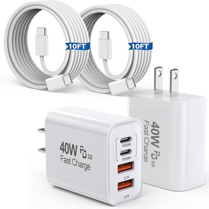 10FT iPhone 17 16 15 Pro Charger,2Pack 10Foot USB C to C Woven Cable Cord 40W USB C Apple Charger 4 Port PD&AC Charge Block Fast Charging for iPhone 17 Air/17 16 15 Pro Max/16e/16 Plus/15/15 Pro/iPad - size: 10FT