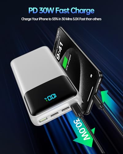 Portable Charger Power Bank 50000mAh, PD 30W and QC 4.0 Fast Charging - color: White