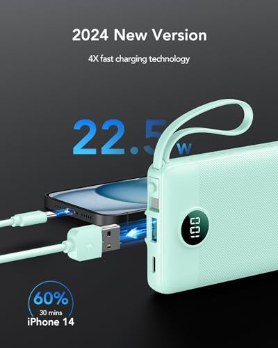VRURC Portable Charger, 22.5W Fast Charging Power Bank Built‑in 4 Cables - color: Green