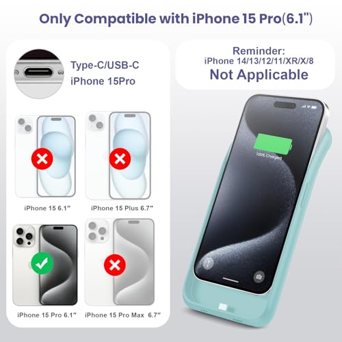 Feob Battery Case for iPhone 15 Pro, [2026 Upgraded] 7500mAh Slim Portable Smart Charging Case Rechargeable Protective Extended Charging Cover for iPhone 15 Pro-Green - color: Green