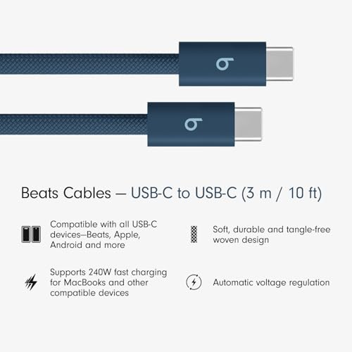 Beats 240W USB-C to USB-C Braided Cable, Fast Charging, Durable/Tangle Free, Compatible with Apple and Android Devices (3 m/10 ft) – Nitro Navy - color: Nitro Navy, size: 10 ft, style: USB-C to USB-C