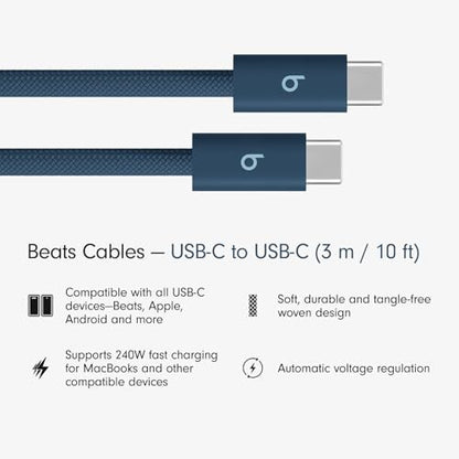 Beats 240W USB-C to USB-C Braided Cable, Fast Charging, Durable/Tangle Free, Compatible with Apple and Android Devices (3 m/10 ft) – Nitro Navy - color: Nitro Navy, size: 10 ft, style: USB-C to USB-C