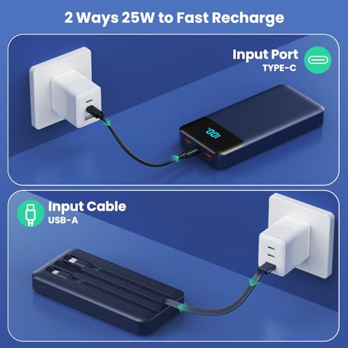 Portable Charger 40800mAh Power Bank,Built-in Cables,25W Fast Charging - color: Blue