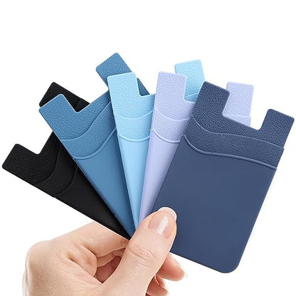 Phone Wallet Stick on,5Pack Phone Card Holder for Back of Phone Case,Silicone Sticky Credit Card Holder for Cell Phone Double Pocket Sticker All Smartphones—Navy,Sierra,Pastel,Blue,Black