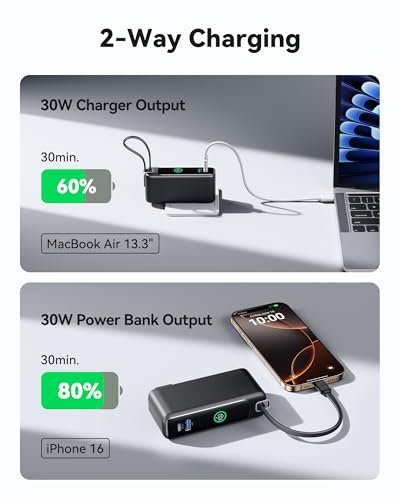 INIU 3-in-1 Portable Charger, Small 10000mah 30W Fast Charging Power Bank with Built-in USB C Cable and Foldable AC Plug, Flight Cruise Ship Travel Phone Charger for College Students Boys Girls, Pink - color: Pink
