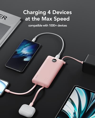 VRURC 22.5W 10000mAh Fast Charging Power Bank Built‑in 4 Cables - color: Pink