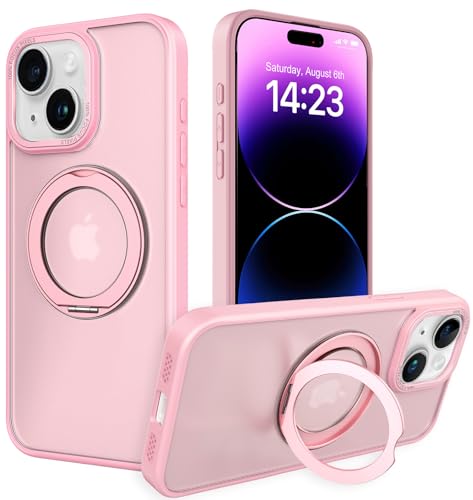 IYH 360° Rotatable Magnetic Case for iPhone 14 Plus, Military-Grade Shockproof Phone Cover with Matte Translucent Back(Pink) - color: Pink, size: For iPhone 14 Plus