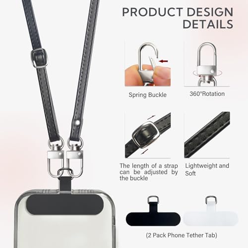 Crossbody Phone Strap with 2 Pads, Leather & Adjustable Finger Strap - Compatible with Most Smartphones (Black) - color: Black