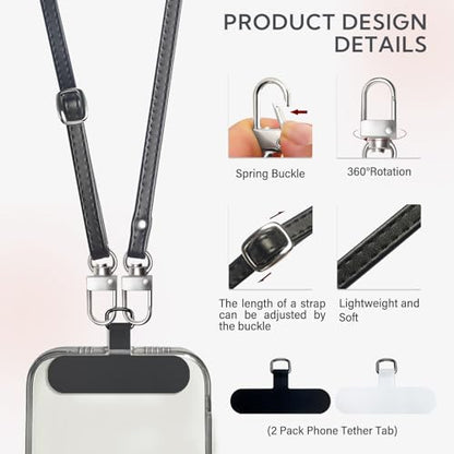 Crossbody Phone Strap with 2 Pads, Leather & Adjustable Finger Strap - Compatible with Most Smartphones (Black) - color: Black