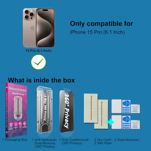 [2 Pack 4 Way Privacy Screen Protector for iPhone 15 Pro, Anti-Spy Tempered Glass, 9H Hardness Shatterproof, 3D Curved Edges, Case-Friendly, Bubble-Free Easy Installation - size: for 15 Pro