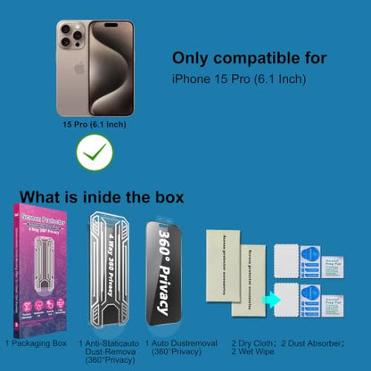 [2 Pack 4 Way Privacy Screen Protector for iPhone 15 Pro, Anti-Spy Tempered Glass, 9H Hardness Shatterproof, 3D Curved Edges, Case-Friendly, Bubble-Free Easy Installation - size: for 15 Pro