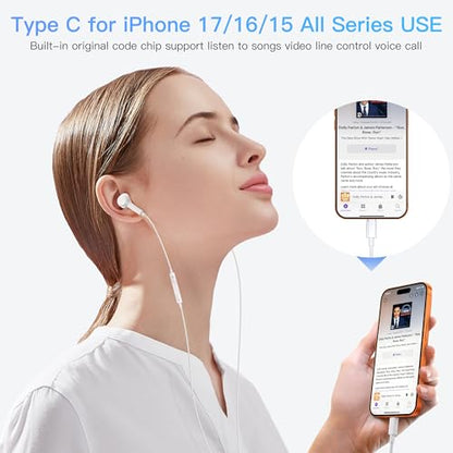 iPhone 17 Earphones USB C Wired- MFi Certified USB Type C Earbuds Wired with Mic & Volume Control HiFi Stereo Headphones for iPhone 16 Pro Max/15/iPad Pro/Air/Galaxy S26/S25/S24/ Ultra