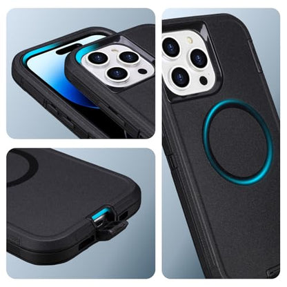 Magnetic for iPhone 13 Pro Max Case with Belt Clip Holster Kickstand, Black | Heavy Duty Military Grade Drop Protection Case for iPhone 13 Pro Max, 6.7", with 360°Rotating Kickstand - color: Black