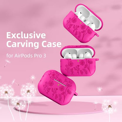 Lerobo for AirPods Pro 3 Case, Flower Engraved Soft Silicone Cover, Rose Pink - color: A-Rose Pink, size: AirPods Pro 3