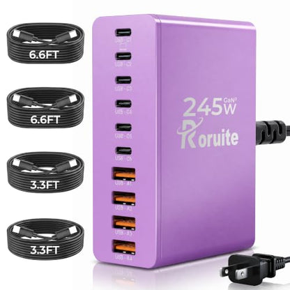 USB C Charging Station 10 Port with 4 Cables,245W GaN Charger Block - color: Purple