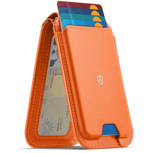 SHIELDON Genuine Leather for MagSafe Wallet Stand, 6 Card Holders, Orange - color: Orange