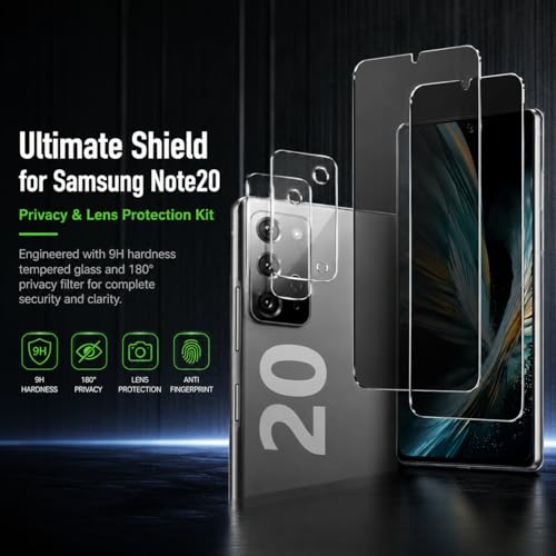2 Pack Privacy Screen Protector for Samsung Galaxy Note 20 with 2 Pack Camera Lens Protector, Tempered Glass Fingerprint Unlock Compatible, 180 Degree Anti Spy Anti Glare Full Coverage Shield