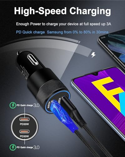 Super Fast Car Charger for Samsung Galaxy, 60w Dual-Port USB-C Car Charger