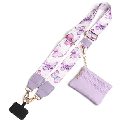Phone Strap with Zippered Pouch, Clip and Go Strap for Phone with Wallet Crossbody, Adjustable Crossbody Phone Strap-3 - color: Butterfly Purple