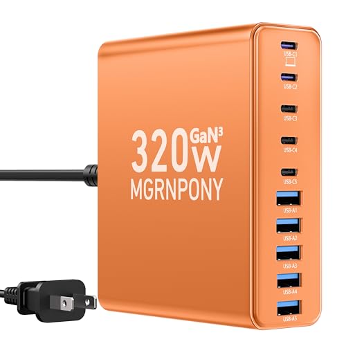 320W USB C Charger Block, MGRNPONY 10-Port GaN USB C Charging Station - color: Orange