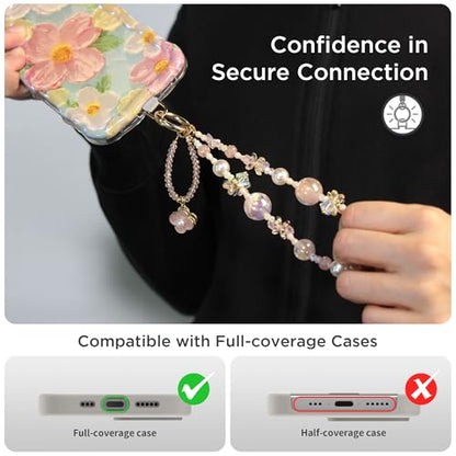 POSADINA Phone Charm for Women, Anti-Theft Phone Wrist Strap Hands-Free & Beaded Chain, Detachable Cell Phone Lanyard with Tether Tab - color: Pink Blossom