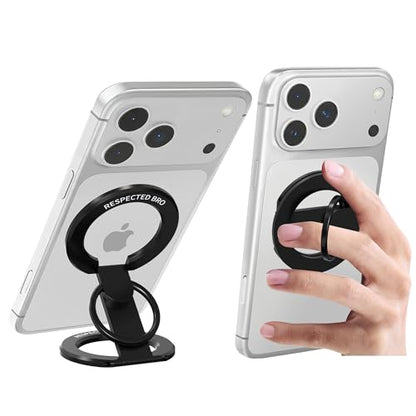 RESPECTED BRO-Magnetic-Phone-Ring-Holder with Dual Rings, Compatible with iPhone 17/16/15/14/13/12, Multifunctional Stand for Desk, Office, Gym, Kitchen & All Metal Surfaces, Finger Loop Grip (Black) - color: Black