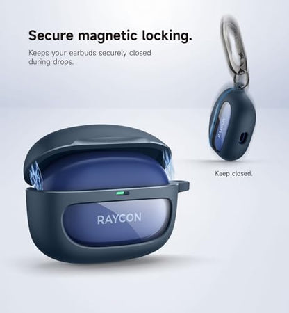 SURITCH Case for Raycon Everyday Earbuds (2024 Edition), Shockproof Magnetic Case for Raycon Bluetooth True Wireless in-Ear Buds Headphones, Protective Cover with Magnetic Lid Lock & Carabiner, Navy - color: Navy