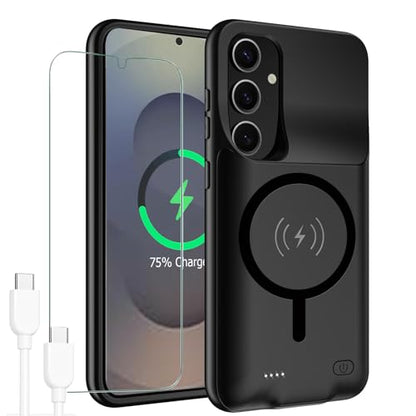 Battery Case for Galaxy S25, 10000mAh High Capacity Rechargeable Portable Protective Extended Charger Cover Compatible with Galaxy S25 (6.2 inch) Wireless Charging Case with Screen Protector-Black - size: Galaxy S25