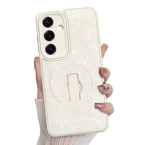 MZELQ for Samsung Galaxy S25 Case Rose Floral Flower Pattern -White | Silicone Cute Support for MagSafe, Kickstand Wristband Camera Protection Soft Slim Phone Case for Girls Women - color: White-Rose, size: Samsung Galaxy S25