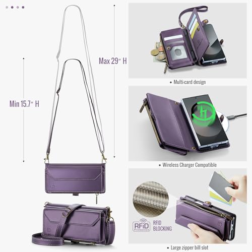 Strapurs Crossbody Wallet Case Compatible with Samsung Galaxy Z Fold 6 with RFID Blocking Card Holder & Pen Holder Slot Soft PU Leather Shoulder Strap Zipper Pocket Purse Fold 6 Phone Case, Purple | RFID Blocking 5-Card Holder, Shoulder Lanyard, Wirst Str