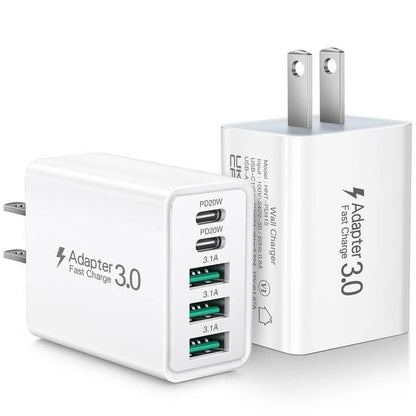 2-Pack USB C Wall Charger, 50W 5-Port USB C Charger Block Fast Charging - color: 2-Pack White
