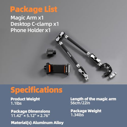 GEEKOTO 22" Magic Arm, Overhead Phone Mount with 360Dual Ball Head, CNC Aluminum Desk Camera Mount for Photography & Content Creation, Camera, Phone Holder,Filming, Action Camera, LED Light, Webcam - style: Desk Clip&Phone Clip