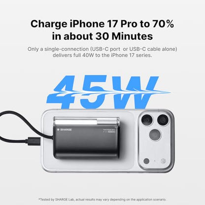 sharge 45W Mini Portable Charger 10000mAh Power Bank with Built-in Cable - color: Black