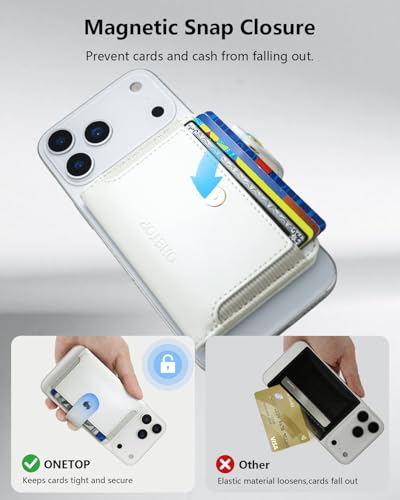 ONETOP for MagSafe Wallet,Magnetic Phone Wallet with 5 Card Slots,White | 1-12 Cards/Cash Holder for iPhone 17/16/15/14/13/12 Series,Detachable Wallet Stick-On Back,PU Leather RFID Blocking Kickstand - color: White