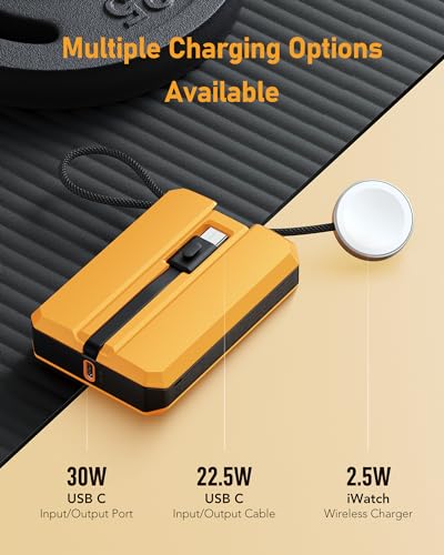 VEEKTOMX PD 30W Power Bank Fast Charging with Built-in USB C Cable for iPhone, Small Portable Charger 10000mAh, Portable Apple Watch Charger, Compact Battery Pack for iPhone 16/15/15 Plus, Yellow - size: USB-C Yellow