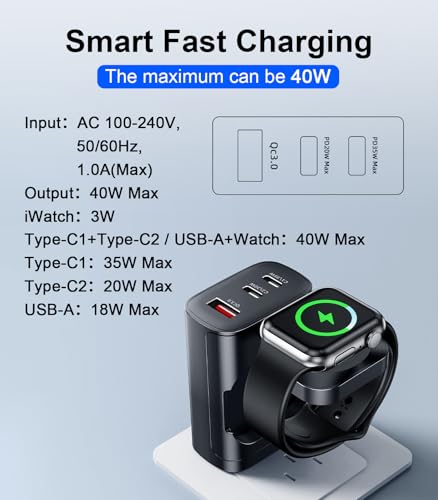 4 in 1 for Apple Watch Charger,Wireless Magnetic iWatch Charger,Portable Travel Essentials 40W USB C Fast Charging Block for Phone AirPods iWatch Ultra/SE/11/10/9/8/7,iPhone 17/16/15/14 Devices,Black