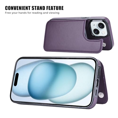 Wallet Case Compatible with iPhone 15 6.1”,Slim Protective case with Card Holder, PU Leather Kickstand Card Slots Case with a Screen Protector-Purple - color: Purple