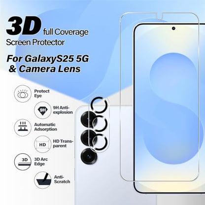 BIGFACE Galaxy S25 Tempered Glass Screen Protector + Camera Lens Protector [ 2 + 2 Pack ][Case Friendly] [Anti-Scratch] [Ultrasonic Fingerprint Unlock] Clear HD Protective Film for Samsung Galaxy S25 - size: Galaxy s25(6.2")