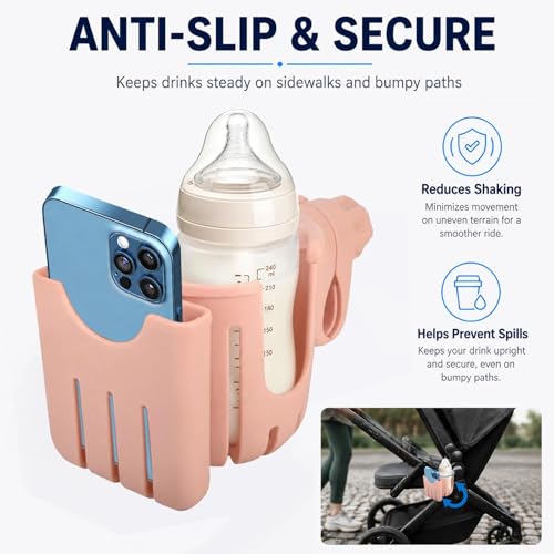 2 in 1 Universal Cup Holder with Phone Mount Tool-Free Clamp On for Stroller Walker Wheelchair Bike Scooter 360 Degree Rotatable Pink - color: Pink