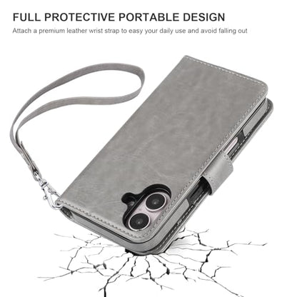 Bocasal Detachable Wallet Case Card Holder for iPhone 16, Grey | RFID Blocking Kickstand Card Slots Holder PU Leather Magnetic Shockproof Wrist Strap Removable Flip Protective Cover 6.1 inch - color: Gray