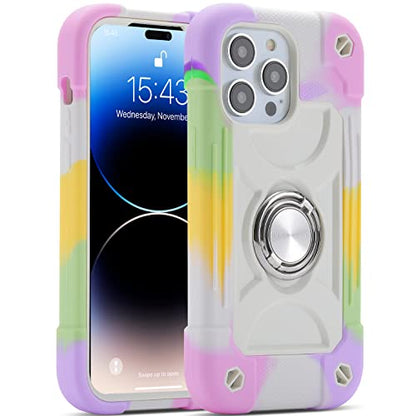 MARKILL Compatible with iPhone 14 Pro Case 6.1 Inch with Built-in Ring Stand, Military Grade Drop Protection Full Body Rugged Heavy Duty Case 3 in 1 Protective Durable Cover - color: Rainbow White, size: iPhone 14 Pro 6.1"