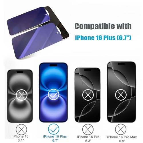 2 Pack Compatible with iPhone 15 Plus/16 Plus Privacy Screen Protector, Anti-Spy Anti-Blue Light Eye Protection Tempered Glass Film, Scratch Resistant, Full Coverage, Case Friendly - size: for iPhone 15 Plus/16 Plus