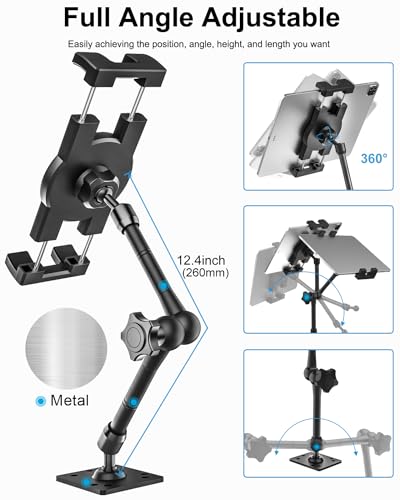 Drill Base Tablet Mount for Truck - [Metal Long Arm] Heavy Duty Truck Tablet Holder Dashboard Car Mount for Commercial Vehicles, Semi Trucks, for 4.7-13" iPad Pro, Air, Mini, Galaxy Tab, Z Fold