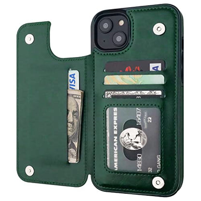ONETOP for iPhone 14 Plus Wallet Case with Credit Card Holder,Green | Kickstand,ID/Cash Holder,Case Wallet with Card Slots,Double Magnetic Clasp,Durable PU Leather Shockproof Cover for Women Men - color: Green