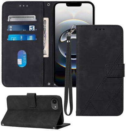 Flip Wallet Case for iPhone 17e/16e, Wrist Strap, Black | Embossed PU Leather, Detachable Wrist Strap, Card Slots, TPU Inner, Cash Pocket, Magnetic Closure, Stand, Precise Cutouts - color: Black